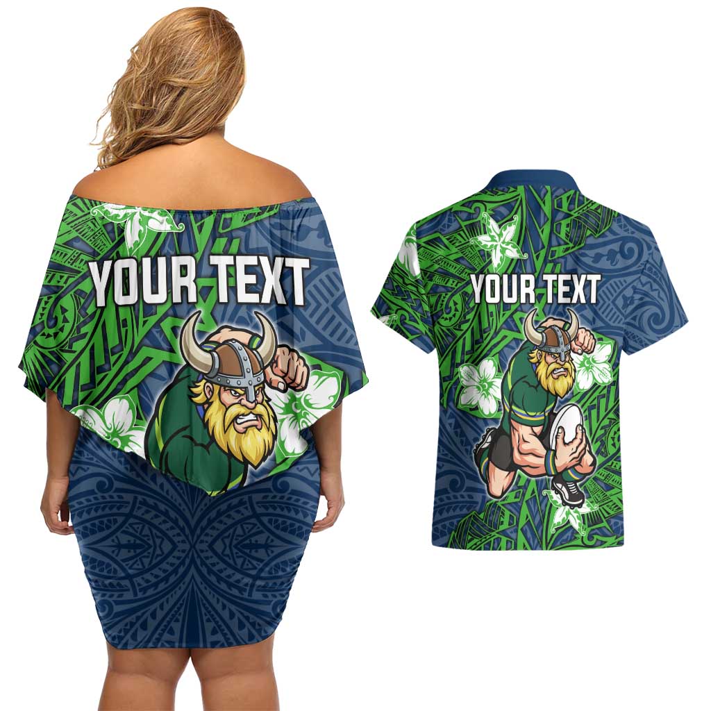 Personalised Canberra Raiders Couples Matching Off Shoulder Short Dress and Hawaiian Shirt Polynesian Tribal Pattern With Rugby Viking Mascot Art