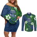 Personalised Canberra Raiders Couples Matching Off Shoulder Short Dress and Long Sleeve Button Shirt Polynesian Tribal Pattern With Rugby Viking Mascot Art