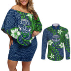 Personalised Canberra Raiders Couples Matching Off Shoulder Short Dress and Long Sleeve Button Shirt Polynesian Tribal Pattern With Rugby Viking Mascot Art