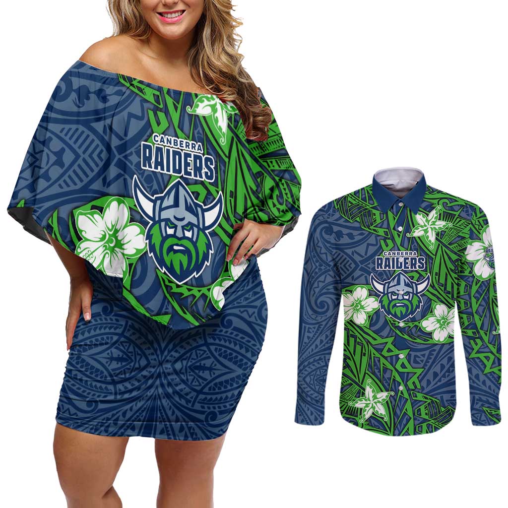 Personalised Canberra Raiders Couples Matching Off Shoulder Short Dress and Long Sleeve Button Shirt Polynesian Tribal Pattern With Rugby Viking Mascot Art
