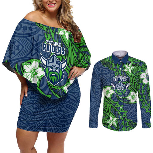 Personalised Canberra Raiders Couples Matching Off Shoulder Short Dress and Long Sleeve Button Shirt Polynesian Tribal Pattern With Rugby Viking Mascot Art