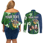 Personalised Canberra Raiders Couples Matching Off Shoulder Short Dress and Long Sleeve Button Shirt Polynesian Tribal Pattern With Rugby Viking Mascot Art