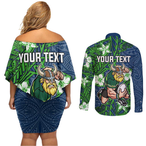 Personalised Canberra Raiders Couples Matching Off Shoulder Short Dress and Long Sleeve Button Shirt Polynesian Tribal Pattern With Rugby Viking Mascot Art