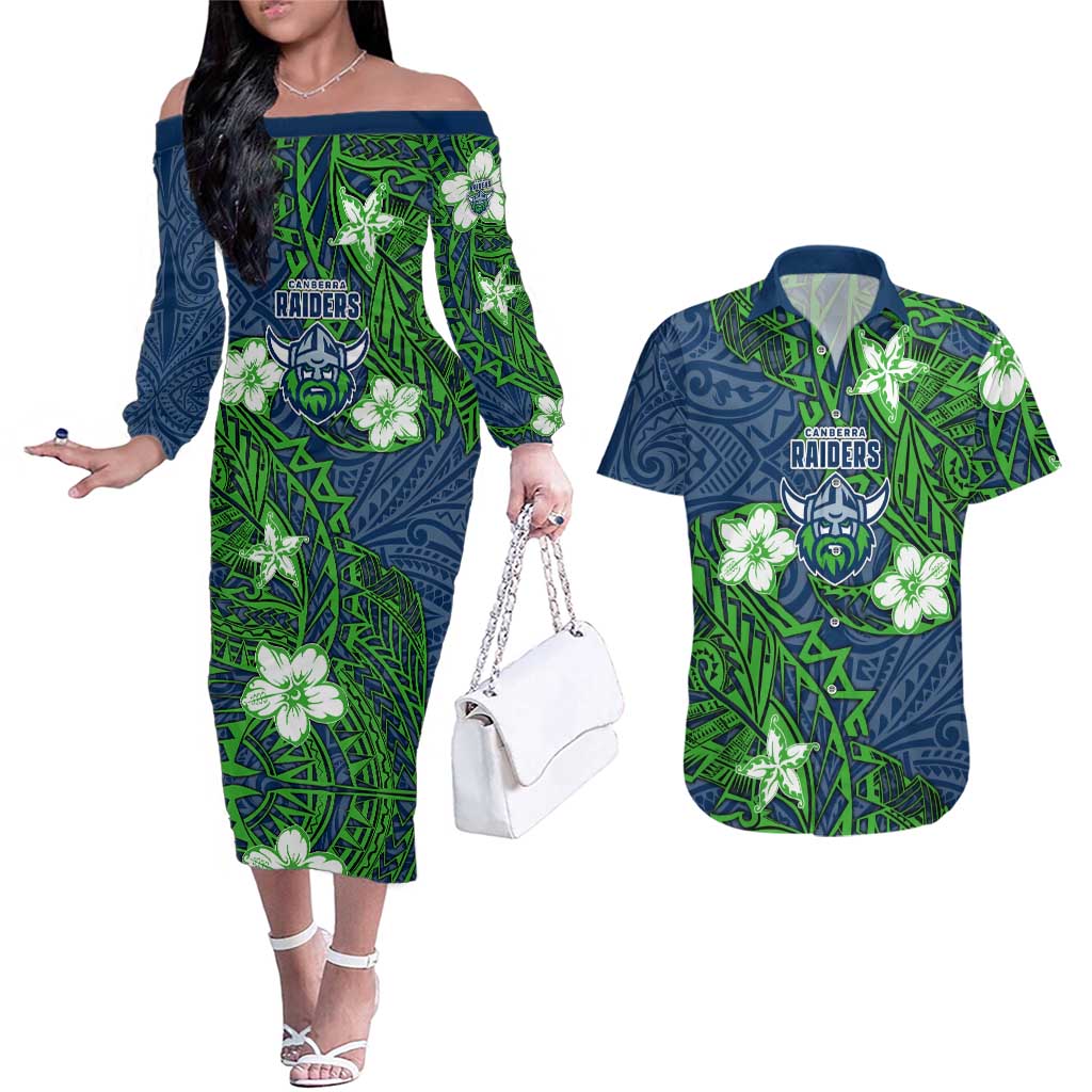 Personalised Canberra Raiders Couples Matching Off The Shoulder Long Sleeve Dress and Hawaiian Shirt Polynesian Tribal Pattern With Rugby Viking Mascot Art