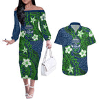 Personalised Canberra Raiders Couples Matching Off The Shoulder Long Sleeve Dress and Hawaiian Shirt Polynesian Tribal Pattern With Rugby Viking Mascot Art