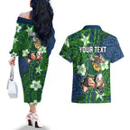 Personalised Canberra Raiders Couples Matching Off The Shoulder Long Sleeve Dress and Hawaiian Shirt Polynesian Tribal Pattern With Rugby Viking Mascot Art