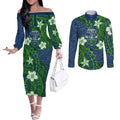 Personalised Canberra Raiders Couples Matching Off The Shoulder Long Sleeve Dress and Long Sleeve Button Shirt Polynesian Tribal Pattern With Rugby Viking Mascot Art