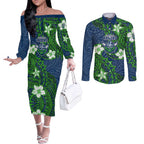 Personalised Canberra Raiders Couples Matching Off The Shoulder Long Sleeve Dress and Long Sleeve Button Shirt Polynesian Tribal Pattern With Rugby Viking Mascot Art