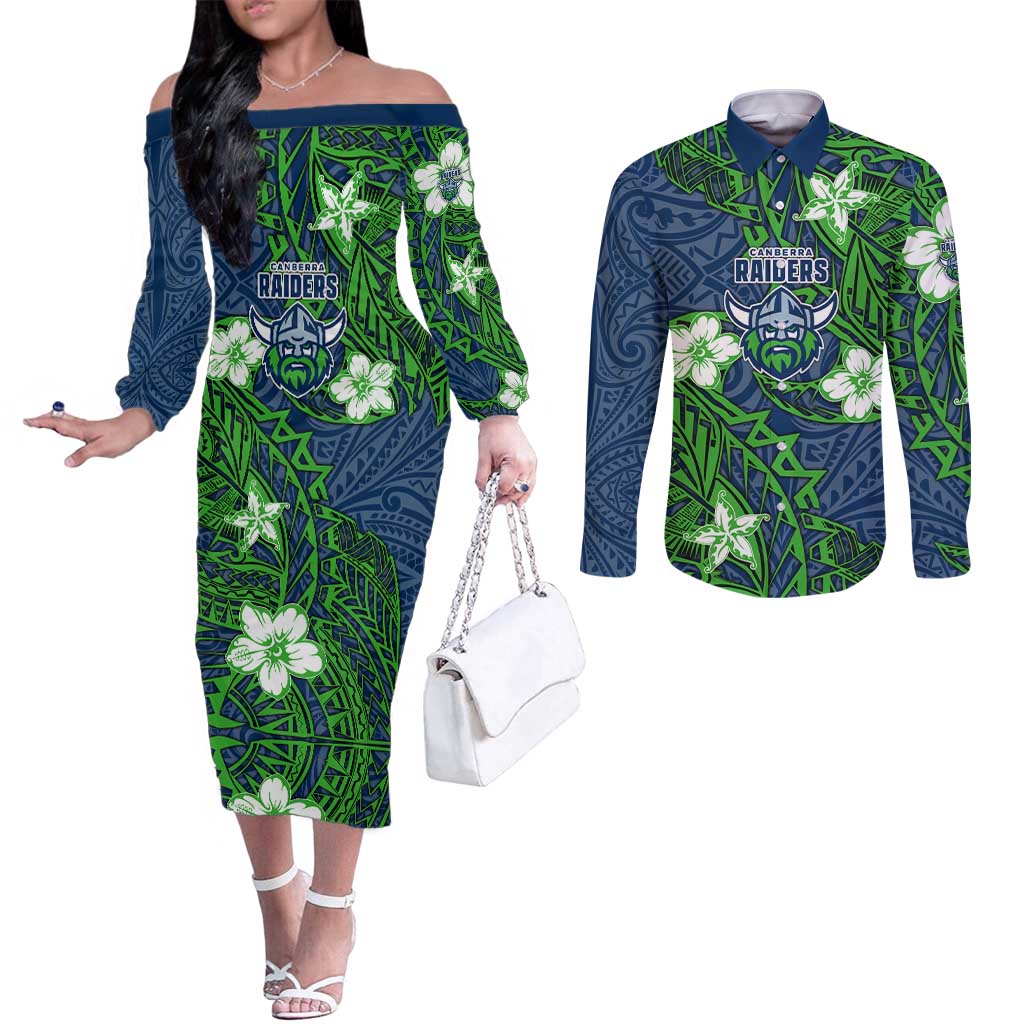 Personalised Canberra Raiders Couples Matching Off The Shoulder Long Sleeve Dress and Long Sleeve Button Shirt Polynesian Tribal Pattern With Rugby Viking Mascot Art