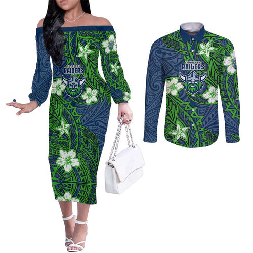 Personalised Canberra Raiders Couples Matching Off The Shoulder Long Sleeve Dress and Long Sleeve Button Shirt Polynesian Tribal Pattern With Rugby Viking Mascot Art