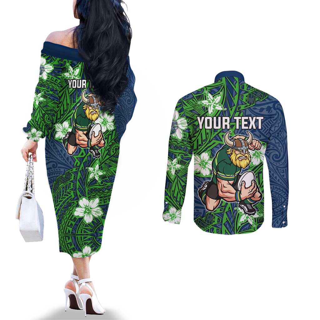 Personalised Canberra Raiders Couples Matching Off The Shoulder Long Sleeve Dress and Long Sleeve Button Shirt Polynesian Tribal Pattern With Rugby Viking Mascot Art