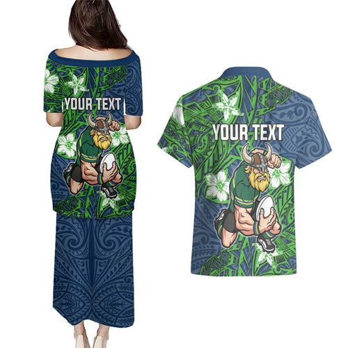 Personalised Canberra Raiders Couples Matching Puletasi and Hawaiian Shirt Polynesian Tribal Pattern With Rugby Viking Mascot Art