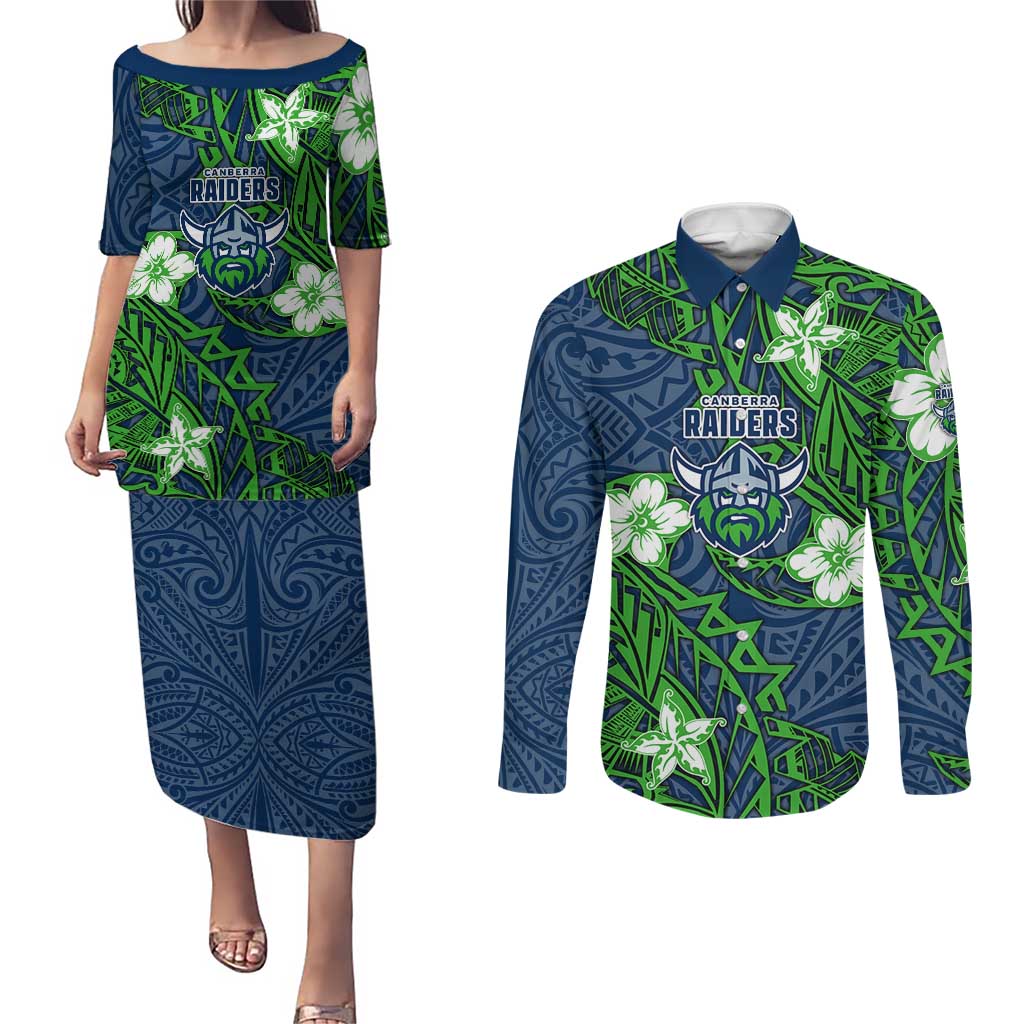 Personalised Canberra Raiders Couples Matching Puletasi and Long Sleeve Button Shirt Polynesian Tribal Pattern With Rugby Viking Mascot Art