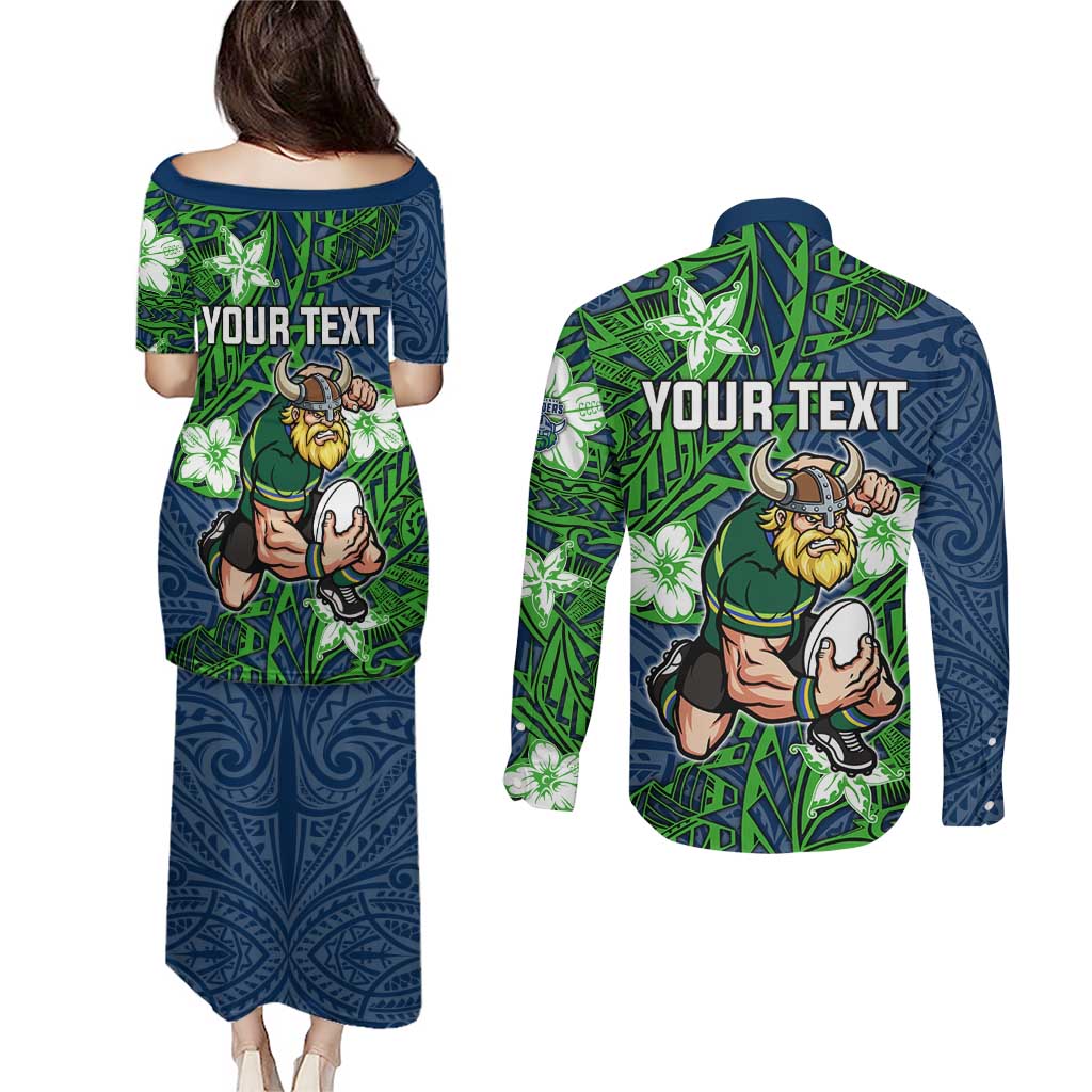 Personalised Canberra Raiders Couples Matching Puletasi and Long Sleeve Button Shirt Polynesian Tribal Pattern With Rugby Viking Mascot Art