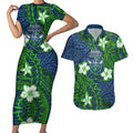 Personalised Canberra Raiders Couples Matching Short Sleeve Bodycon Dress and Hawaiian Shirt Polynesian Tribal Pattern With Rugby Viking Mascot Art
