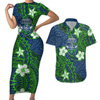 Personalised Canberra Raiders Couples Matching Short Sleeve Bodycon Dress and Hawaiian Shirt Polynesian Tribal Pattern With Rugby Viking Mascot Art