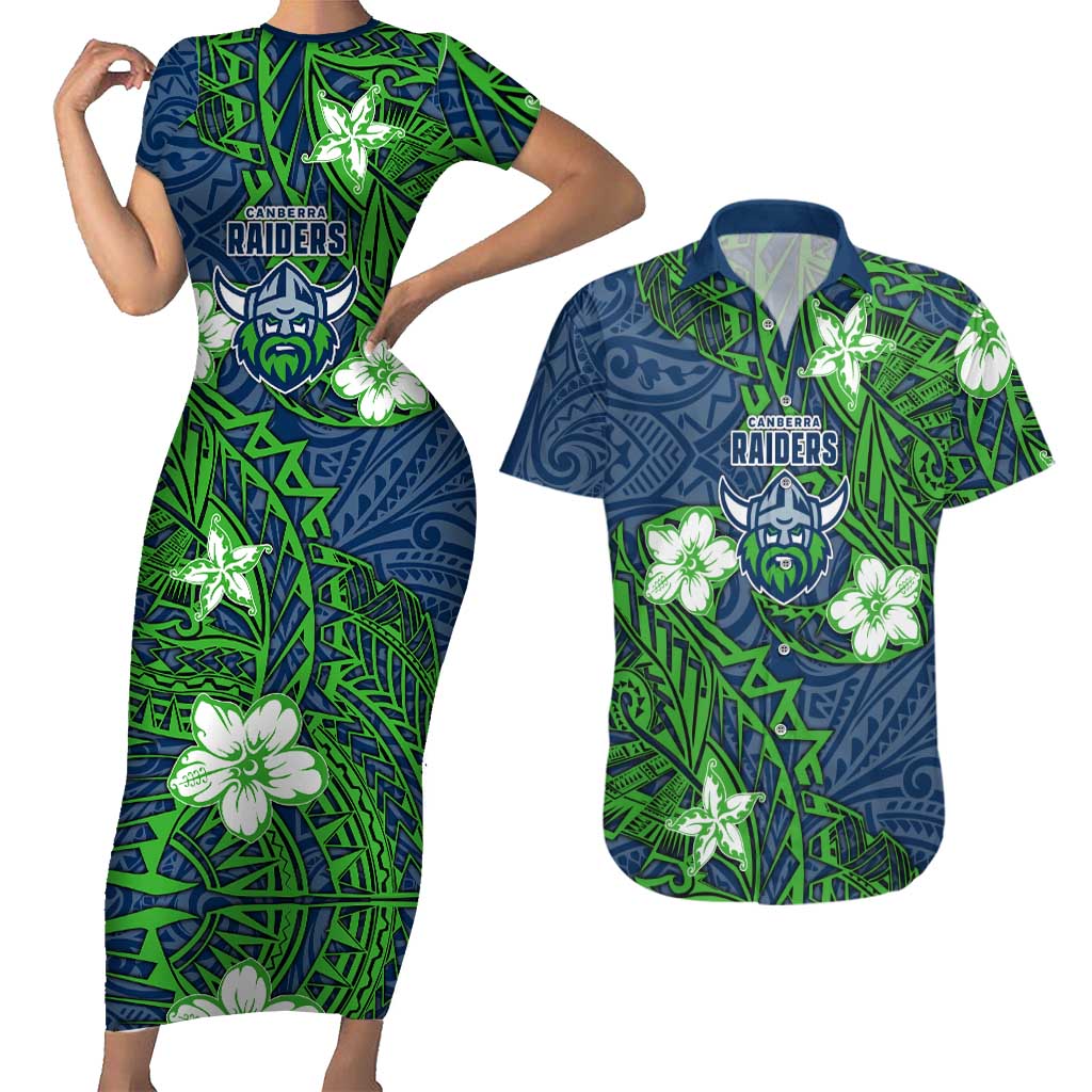 Personalised Canberra Raiders Couples Matching Short Sleeve Bodycon Dress and Hawaiian Shirt Polynesian Tribal Pattern With Rugby Viking Mascot Art