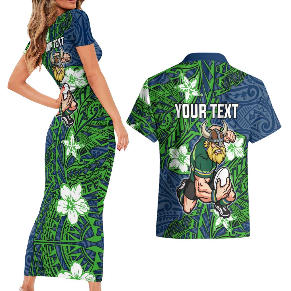 Personalised Canberra Raiders Couples Matching Short Sleeve Bodycon Dress and Hawaiian Shirt Polynesian Tribal Pattern With Rugby Viking Mascot Art