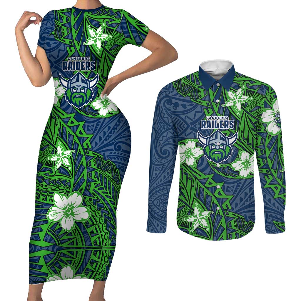 Personalised Canberra Raiders Couples Matching Short Sleeve Bodycon Dress and Long Sleeve Button Shirt Polynesian Tribal Pattern With Rugby Viking Mascot Art