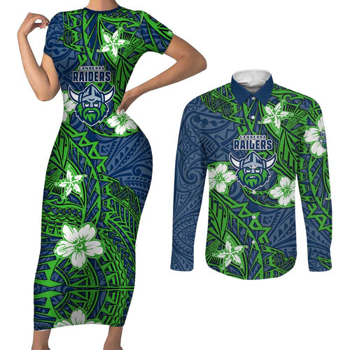 Personalised Canberra Raiders Couples Matching Short Sleeve Bodycon Dress and Long Sleeve Button Shirt Polynesian Tribal Pattern With Rugby Viking Mascot Art