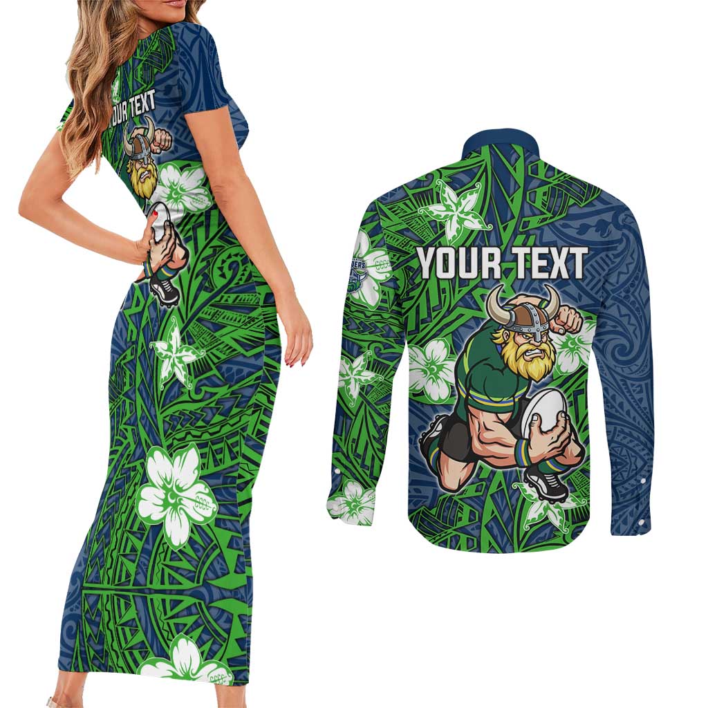 Personalised Canberra Raiders Couples Matching Short Sleeve Bodycon Dress and Long Sleeve Button Shirt Polynesian Tribal Pattern With Rugby Viking Mascot Art