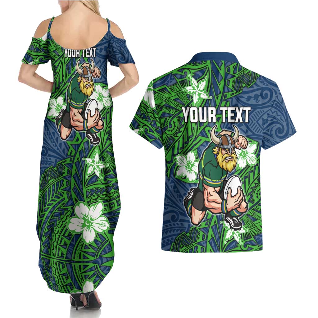 Personalised Canberra Raiders Couples Matching Summer Maxi Dress and Hawaiian Shirt Polynesian Tribal Pattern With Rugby Viking Mascot Art