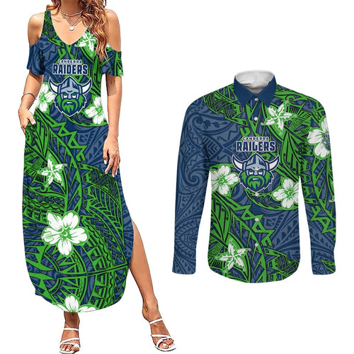 Personalised Canberra Raiders Couples Matching Summer Maxi Dress and Long Sleeve Button Shirt Polynesian Tribal Pattern With Rugby Viking Mascot Art