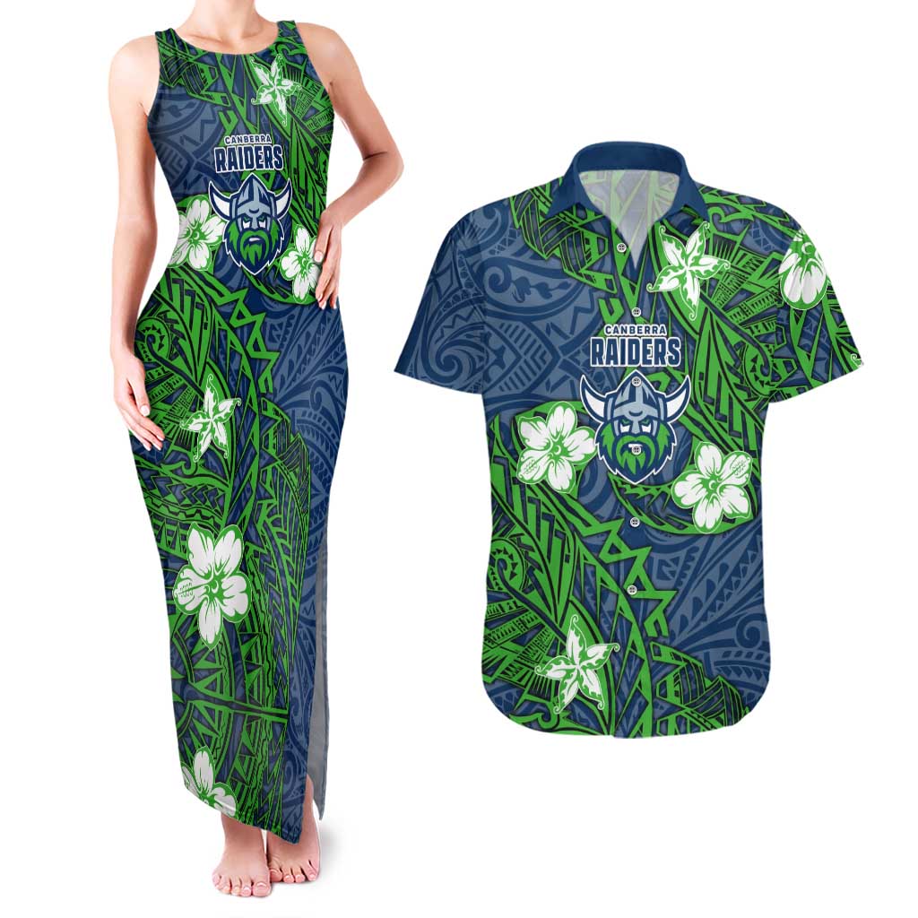 Personalised Canberra Raiders Couples Matching Tank Maxi Dress and Hawaiian Shirt Polynesian Tribal Pattern With Rugby Viking Mascot Art