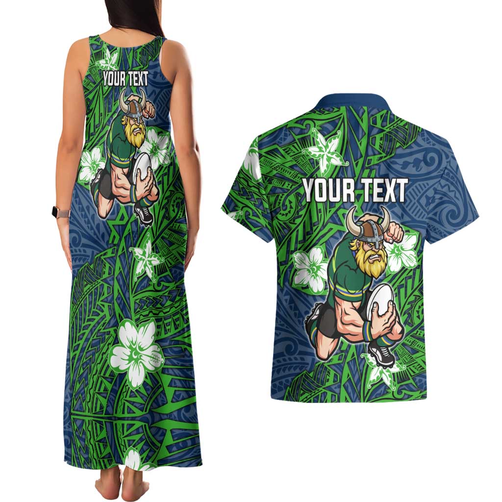 Personalised Canberra Raiders Couples Matching Tank Maxi Dress and Hawaiian Shirt Polynesian Tribal Pattern With Rugby Viking Mascot Art