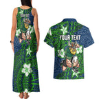 Personalised Canberra Raiders Couples Matching Tank Maxi Dress and Hawaiian Shirt Polynesian Tribal Pattern With Rugby Viking Mascot Art