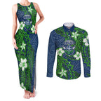 Personalised Canberra Raiders Couples Matching Tank Maxi Dress and Long Sleeve Button Shirt Polynesian Tribal Pattern With Rugby Viking Mascot Art