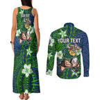 Personalised Canberra Raiders Couples Matching Tank Maxi Dress and Long Sleeve Button Shirt Polynesian Tribal Pattern With Rugby Viking Mascot Art