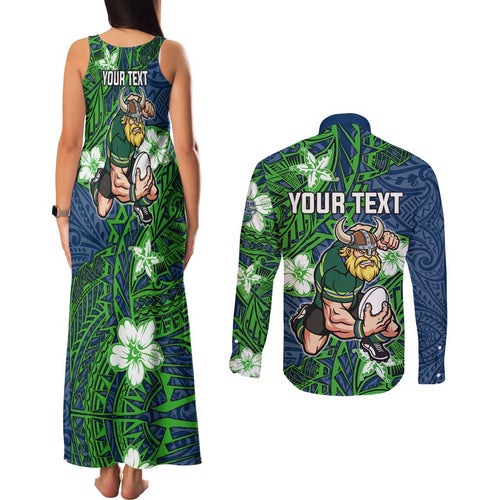 Personalised Canberra Raiders Couples Matching Tank Maxi Dress and Long Sleeve Button Shirt Polynesian Tribal Pattern With Rugby Viking Mascot Art
