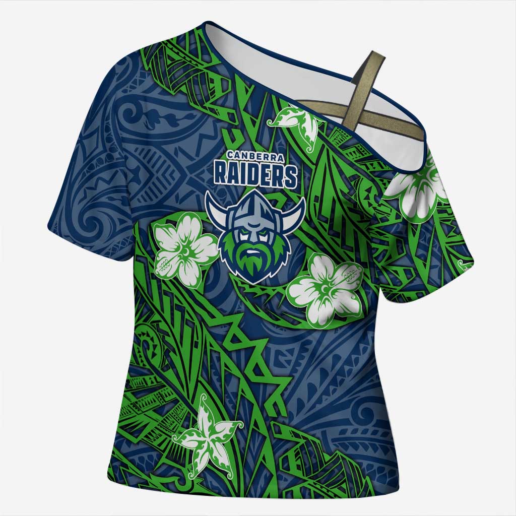 Personalised Canberra Raiders Cross Shoulder Shirt Polynesian Tribal Pattern With Rugby Viking Mascot Art