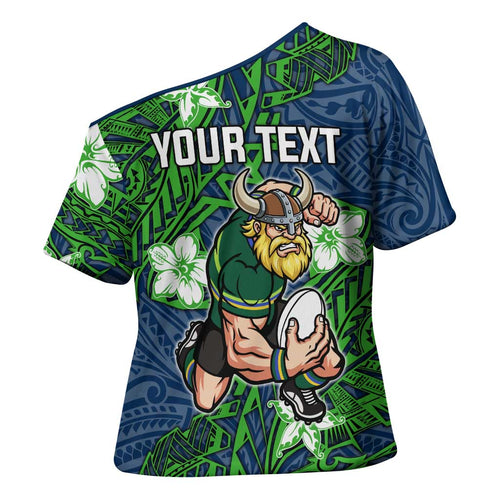 Personalised Canberra Raiders Cross Shoulder Shirt Polynesian Tribal Pattern With Rugby Viking Mascot Art