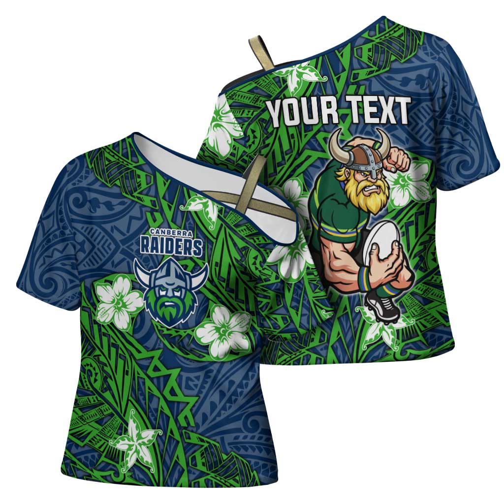 Personalised Canberra Raiders Cross Shoulder Shirt Polynesian Tribal Pattern With Rugby Viking Mascot Art