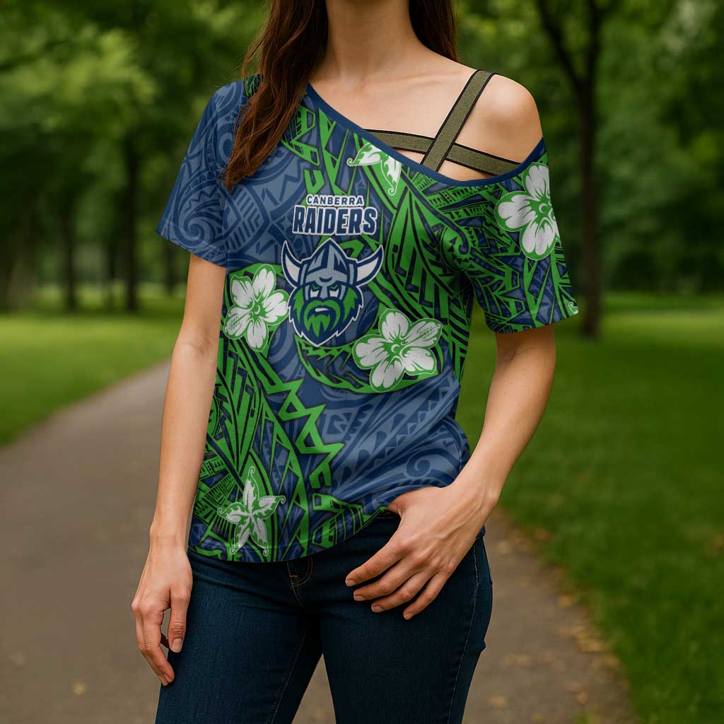Personalised Canberra Raiders Cross Shoulder Shirt Polynesian Tribal Pattern With Rugby Viking Mascot Art