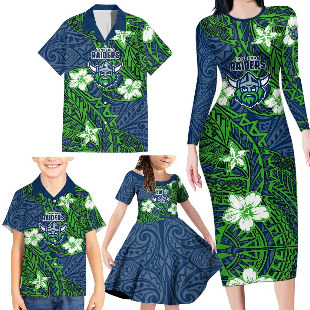 Personalised Canberra Raiders Family Matching Long Sleeve Bodycon Dress and Hawaiian Shirt Polynesian Tribal Pattern With Rugby Viking Mascot Art