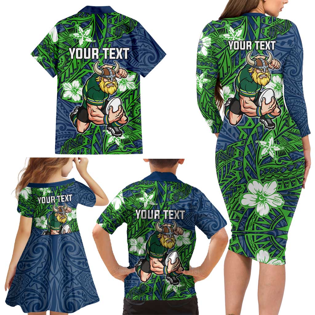 Personalised Canberra Raiders Family Matching Long Sleeve Bodycon Dress and Hawaiian Shirt Polynesian Tribal Pattern With Rugby Viking Mascot Art