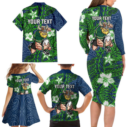 Personalised Canberra Raiders Family Matching Long Sleeve Bodycon Dress and Hawaiian Shirt Polynesian Tribal Pattern With Rugby Viking Mascot Art