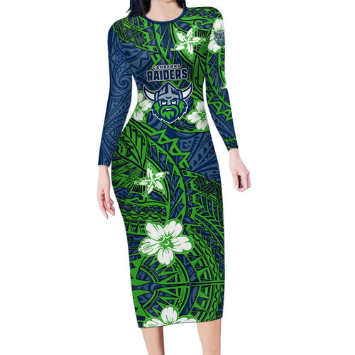 Personalised Canberra Raiders Family Matching Long Sleeve Bodycon Dress and Hawaiian Shirt Polynesian Tribal Pattern With Rugby Viking Mascot Art