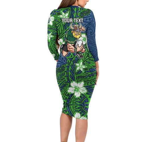 Personalised Canberra Raiders Family Matching Long Sleeve Bodycon Dress and Hawaiian Shirt Polynesian Tribal Pattern With Rugby Viking Mascot Art