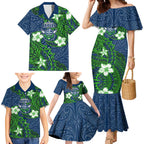 Personalised Canberra Raiders Family Matching Mermaid Dress and Hawaiian Shirt Polynesian Tribal Pattern With Rugby Viking Mascot Art