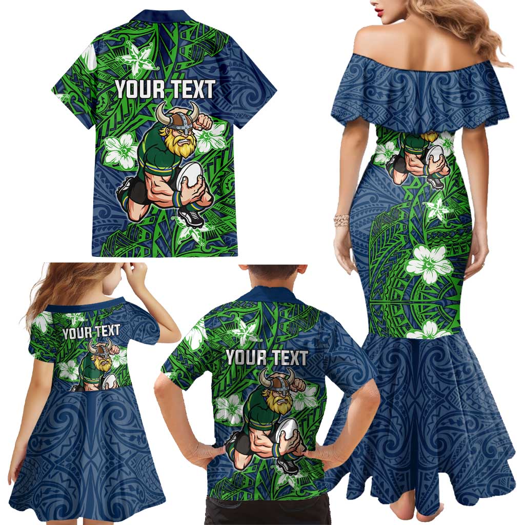Personalised Canberra Raiders Family Matching Mermaid Dress and Hawaiian Shirt Polynesian Tribal Pattern With Rugby Viking Mascot Art