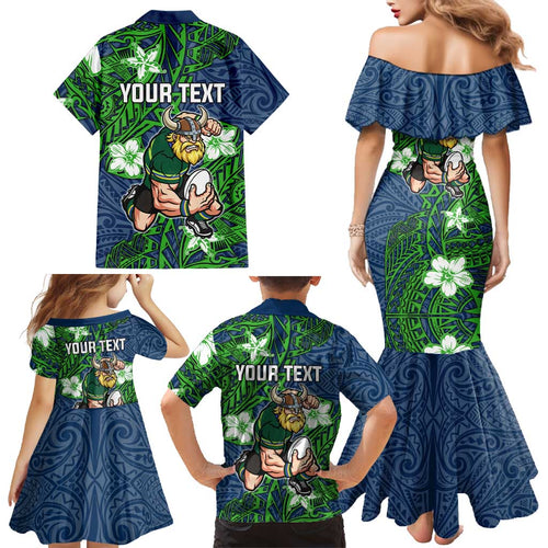 Personalised Canberra Raiders Family Matching Mermaid Dress and Hawaiian Shirt Polynesian Tribal Pattern With Rugby Viking Mascot Art