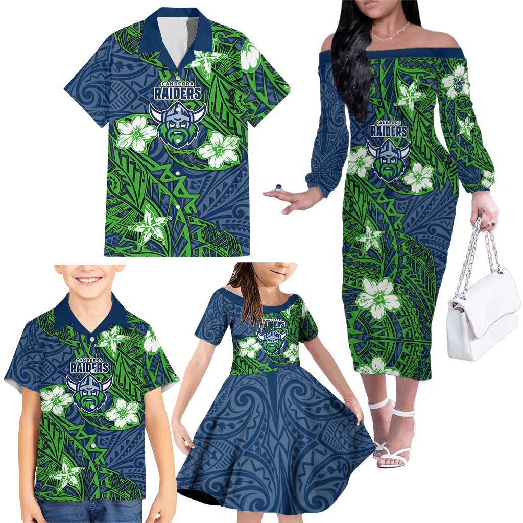 Personalised Canberra Raiders Family Matching Off The Shoulder Long Sleeve Dress and Hawaiian Shirt Polynesian Tribal Pattern With Rugby Viking Mascot Art