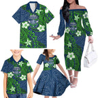 Personalised Canberra Raiders Family Matching Off The Shoulder Long Sleeve Dress and Hawaiian Shirt Polynesian Tribal Pattern With Rugby Viking Mascot Art