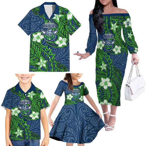 Personalised Canberra Raiders Family Matching Off The Shoulder Long Sleeve Dress and Hawaiian Shirt Polynesian Tribal Pattern With Rugby Viking Mascot Art