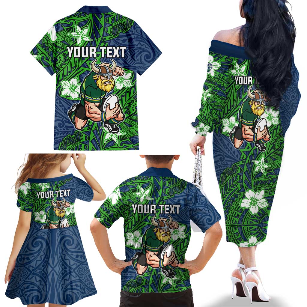 Personalised Canberra Raiders Family Matching Off The Shoulder Long Sleeve Dress and Hawaiian Shirt Polynesian Tribal Pattern With Rugby Viking Mascot Art