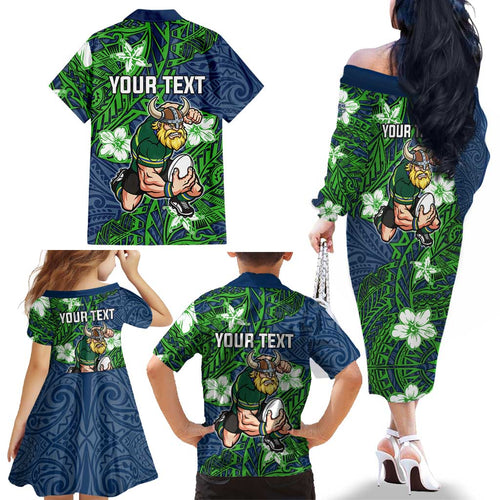 Personalised Canberra Raiders Family Matching Off The Shoulder Long Sleeve Dress and Hawaiian Shirt Polynesian Tribal Pattern With Rugby Viking Mascot Art